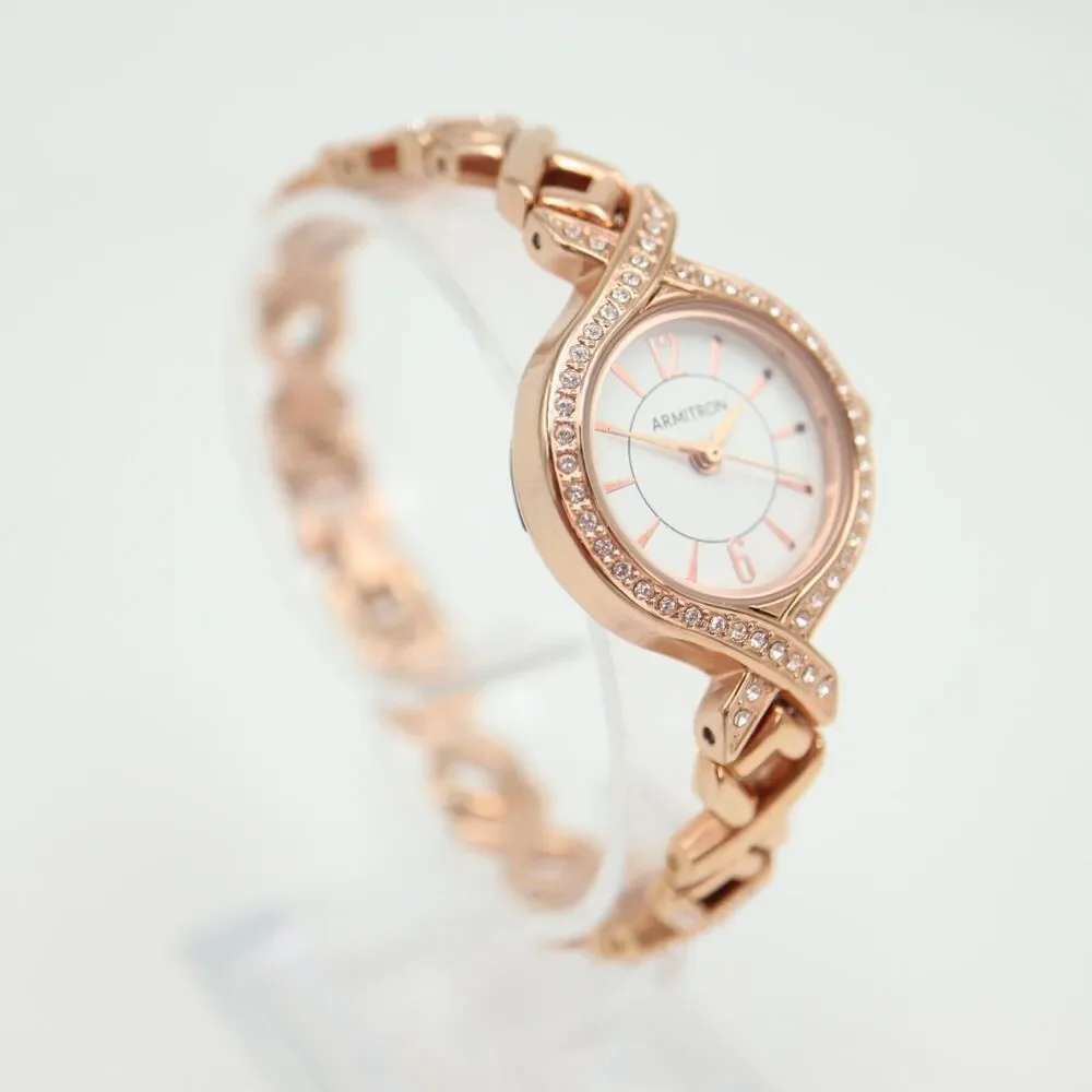 Armitron Womens Rose Gold Tone Watch 24mm Jewel Bezel Bracelet w New Battery